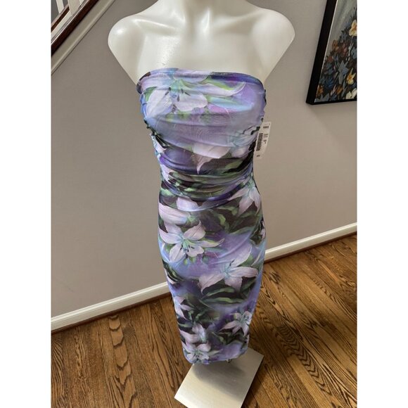 NWT BY SWAN Paris Lilac Floral Strapless Ruched Midi Dress Size Small - Picture 2 of 4